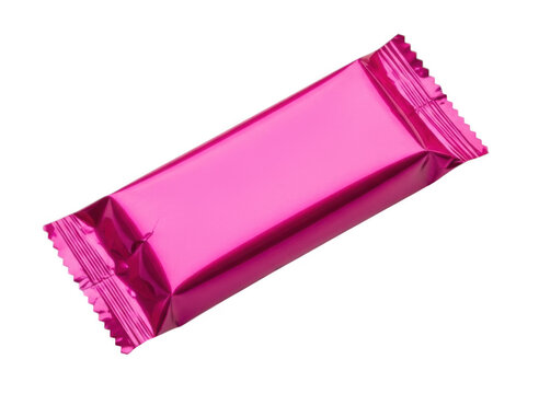 Pink candy bar in wrapper. Rectangular snack package isolated. Blank food product mockup.