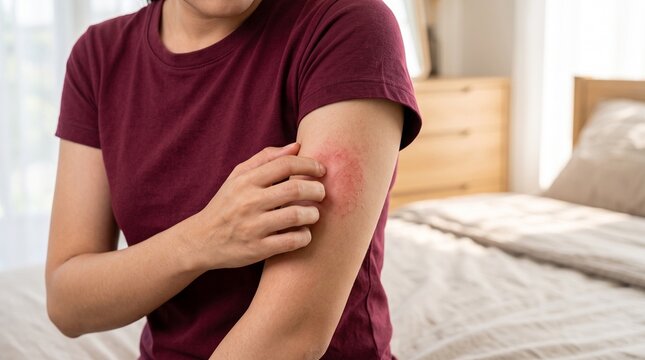 Man Scratching Itchy Red Rash on Arm, Skin Allergy Reaction