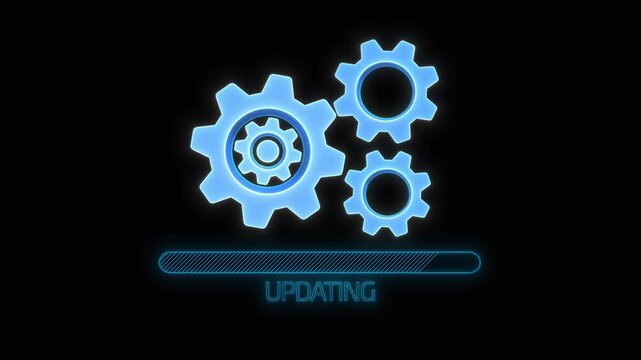 Futuristic gear icons and loading bar show a digital update process on a black screen, suited for software setup, system update, automation, maintenance, synchronization and technology status footage.