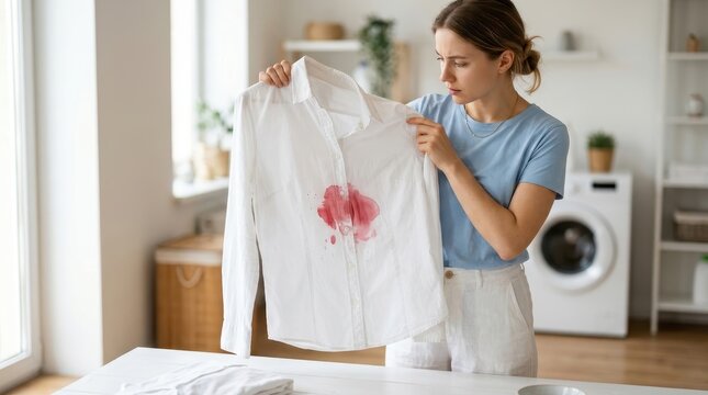 Frustrated Young Woman Holding White Shirt with Large Red Wine Stain in Laundry Room