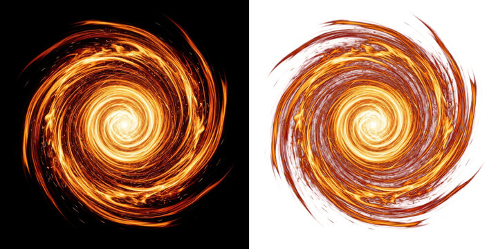 Abstract fire swirl vortex background, glowing spiral energy effect with bright orange and yellow flames, dynamic motion concept isolated on transparent background