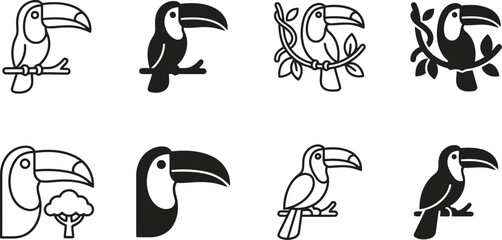 Fototapeta premium Minimalist Toucan Icon Set Featuring Simple Tropical Bird Silhouettes And Line Art Designs For Modern Travel Branding And Nature Logos.