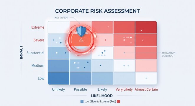 Enterprise risk assessment matrix with risk heatmap, severity scoring, control gaps, and compliance analysis.