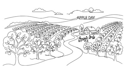 Fototapeta premium Apple Day Celebration in Orchard: Farmhouse, People, and Harvest Scenery