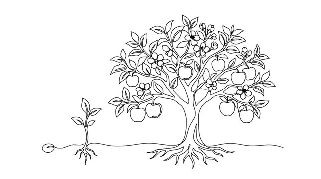 Life Cycle of Apple Tree: Seedling to Fruiting Tree, Isolated Line Art