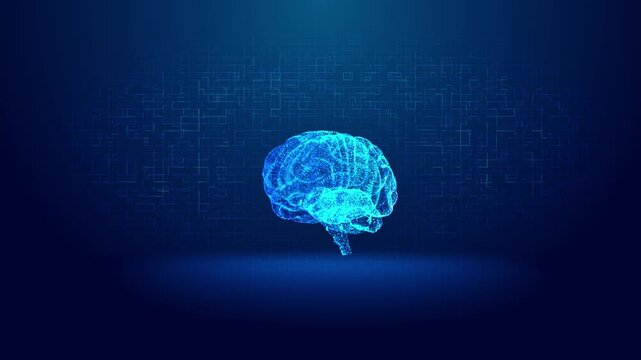 Glowing blue AI brain made from particles and grid patterns visualizes machine learning, neural intelligence, generative models, cognition, automation, analytics and next generation computing systems.