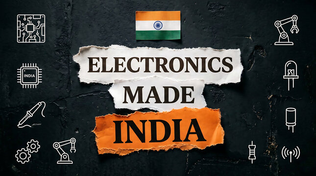 Collage of torn magazine and newspaper cut outs featuring the letter 'ELECTRONICS MADE IN INDIA' in different fonts, sizes, and colours. indian flag and set of icons.