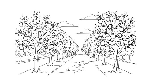 Apple Orchard Lane with River and Clouds - Line Art
