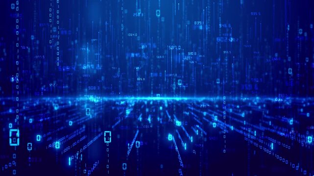 Futuristic numeric streams and luminous blue data paths visualize real time analytics, cloud processing, AI computation, information flow, digital finance, enterprise metrics and intelligent networks.
