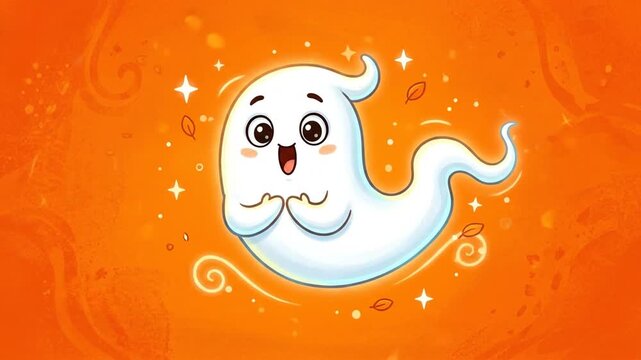 A cute little ghost floating in a bright orange background