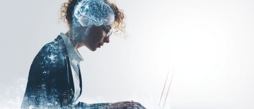 Woman working on laptop with brain overlay