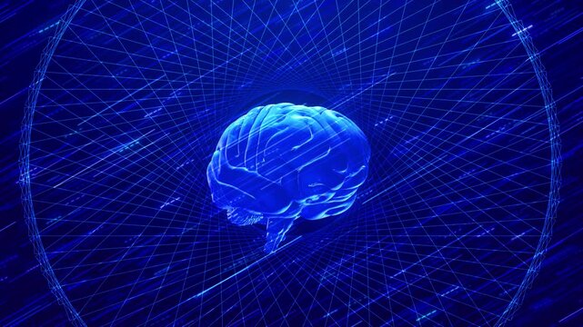 Digital blue brain surrounded by a geometric wireframe field visualizes AI cognition, neural networks, deep learning, autonomous systems, analytics, research and next generation intelligent computing.