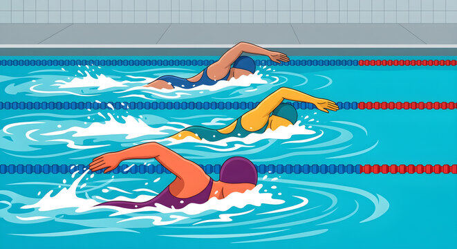 Competitive Swimmers Racing in an Indoor Swimming Pool