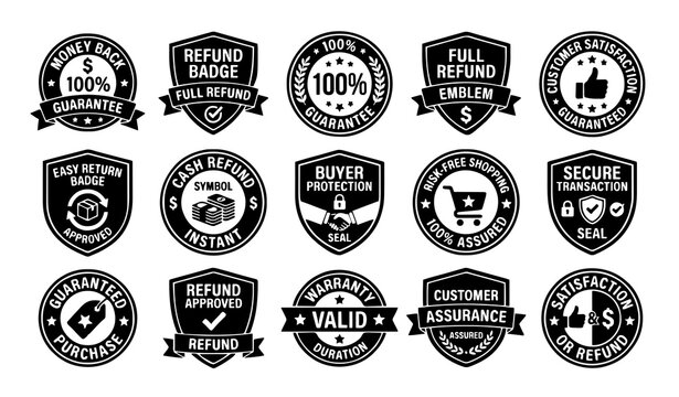 Untitled design - 2 Refund and Customer Guarantee Stamp Icons &ndash; Money Back, Easy Return, Satisfaction, Warranty and Buyer Protection Vector
