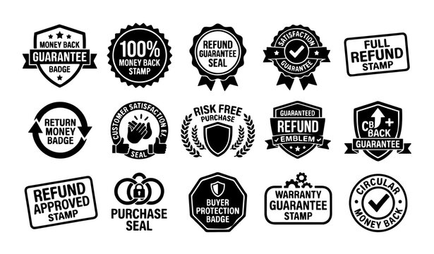 Untitled design - 1 Money Back Guarantee Stamp Icons &ndash; Refund, Satisfaction Guarantee, Cash Back, Buyer Protection and Warranty Vector Set