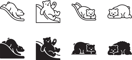 Obraz premium Set Of Minimalist Polar Bear Icons Depicting Playing And Sleeping Poses In Flat Style As A Playful Animal Symbol For Wildlife Design.