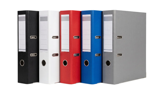 Five colorful office ring binders standing in a row isolated on transparent background
