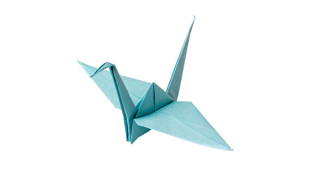 Blue folded paper origami crane bird craft hobby isolated on transparent background.