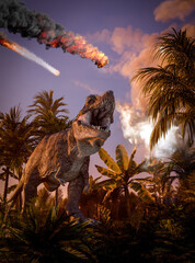 T-rex dinosaur and asteroid impact, 3d render © Mikael Damkier