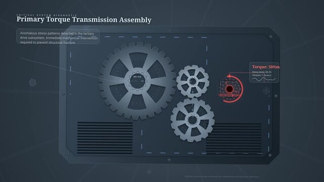 Holographic user interface displaying a critical system diagnostic of a primary torque transmission assembly with rotating gears, detecting anomalous stress patterns and torque metrics