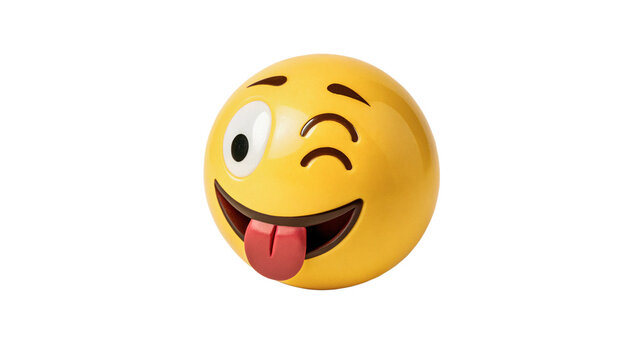 Round yellow crazy emoji face sphere tongue out isolated on transparent background.
