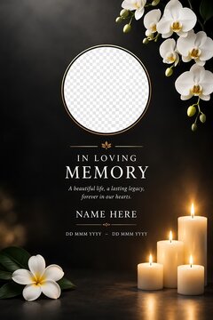Funeral memorial card template with white orchids and candles, in loving memory announcement with photo placeholder, elegant sympathy stationery