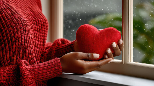 Hands holding a red heart cushion at a snowy window with a red sweater for winter warmth, holiday love and charity campaign imagery