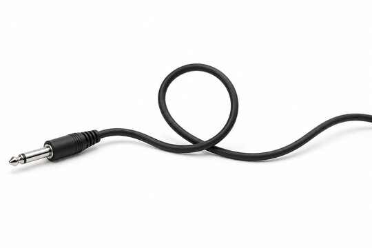 Black Audio Jack Cable with Male Plug Isolated on White Background
