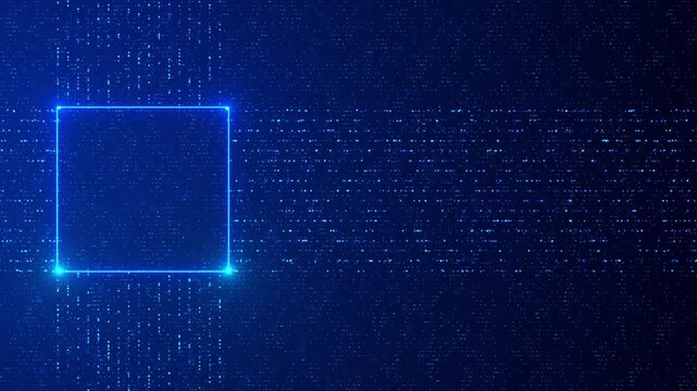 Futuristic blue data field with luminous square outline, scattered pixels, flowing point patterns. Clean copy space supports software promos, network concepts, virtual screens, science, digital design