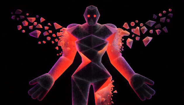 Low poly robotic figure with glowing red wings. Artificial intelligence avatar and cyber identity. Futuristic cyborg character expanding geometric polygonal particles in dark space