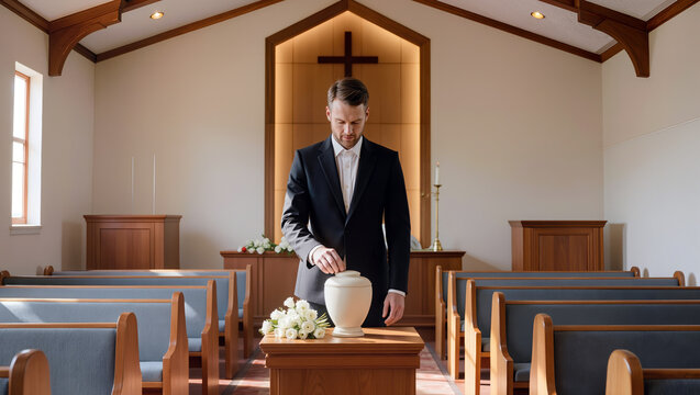 Man in a dark suit placing a hand on a memorial urn in a church sanctuary with white flowers, wooden pews and a cross, conveying remembrance, mourning and funeral service themes