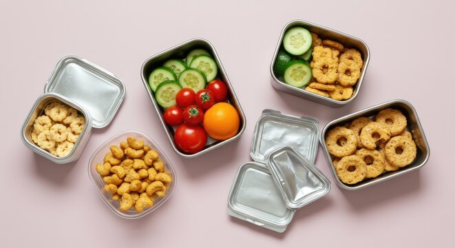 Colorful metal lunch containers filled with healthy snacks and fresh fruits arranged neatly