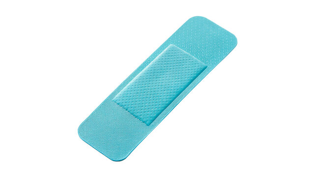 Single blue plastic medical adhesive bandage plaster isolated on transparent background.