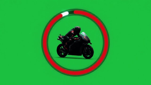 Motorcycle racing loading animation, 2D vector progress ring with sport bike silhouette on green screen background