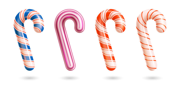 Four colorful striped candy canes isolated on a transparent background