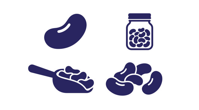 Four dark blue depicting kidney beans, a glass jar filled with beans, a scoop full of beans, and a pile of raw kidney beans for food