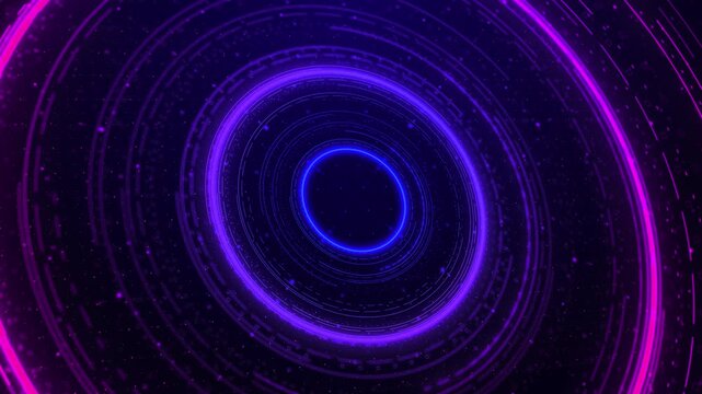 Violet neon ring tunnel forms a bright concentric vortex with sparkling particles and dark depth. Designed for immersive technology, digital transitions, virtual themes, music visuals, and energetic