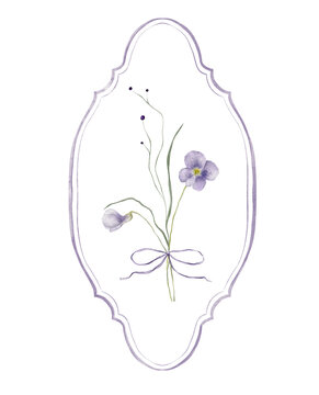 Hand-painted watercolor lilac bouquet violet flower a closed oval arch frame and tiny bow on white background. Soft violet flowers, stems, copy space for text. Oval botanical art or poster template