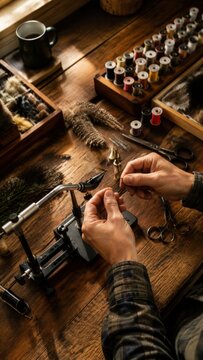 Hands of a person tying a fly fishing lure with tools on a wooden table, spools of thread and materials arranged in the background for crafting fishing flies