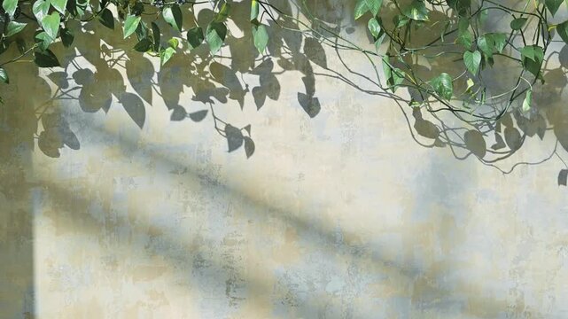 Leaves cast shadows on a textured wall, creating an interplay of light and shadow. copy space