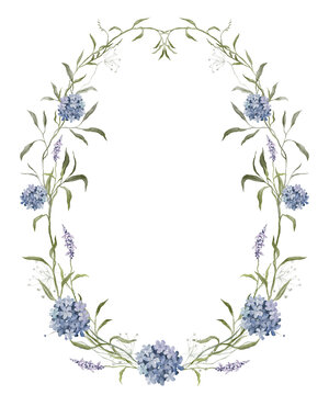 Watercolor oval floral wreath with blue hydrangeas and purple lavender with green leaves. Botanical frame with hand drawn illustrations for wedding invitations, baby shower stationery, greeting cards.