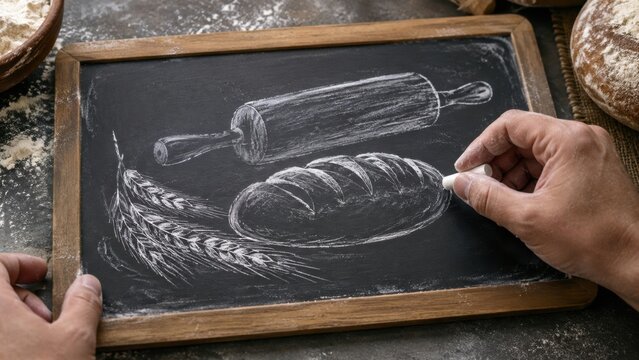 Chalk drawing of a loaf of bread and rolling pin on a blackboard, with wheat stalks illustrated beside them, set against a rustic kitchen background with flour scattered