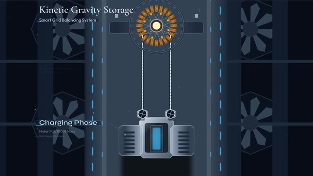 Educational animation of a kinetic gravity storage system demonstrating smart grid balancing by lifting a heavy mass during charging phase and lowering it to discharge megawatts of electrical power