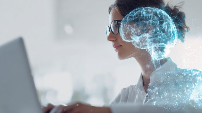 Woman with glowing brain working on a laptop