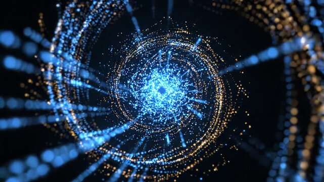 Abstract blue and gold particle spiral on black background