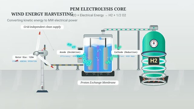 Animated diagram showing zero-emission green hydrogen production via PEM electrolysis using wind energy harvesting and high-pressure composite storage for heavy industry and maritime transport