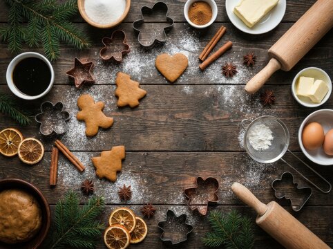 A festive overhead view captures the delightful ingredients and tools for baking Christmas cookies, including gingerbread shapes, rolling pins, spices, and dried orange slices.