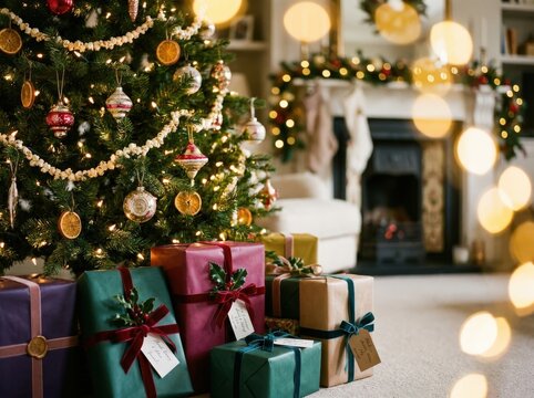 A beautifully decorated Christmas tree stands tall, adorned with ornaments and lights, surrounded by elegantly wrapped gifts. The cozy living room, featuring a festive fireplace and mantelpiece.