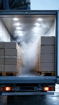 Frozen food delivery truck with stacked cardboard boxes and fog inside, illuminated by bright lights, showcasing a cold storage environment for perishable goods