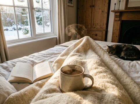 A cozy scene unfolds in a bedroom on a snowy day, with a steaming mug of coffee and an open book resting on a rumpled blanket, accompanied by a sleeping cat and dog by a warm fireplace.